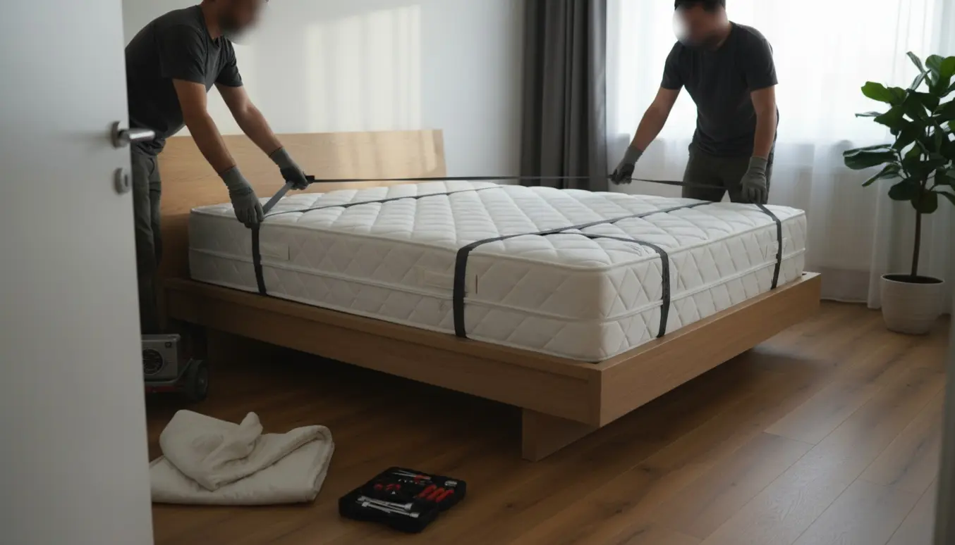 To flyttemænd bærer en 140x200 boxmadras ind i et lyst, moderne soveværelse.