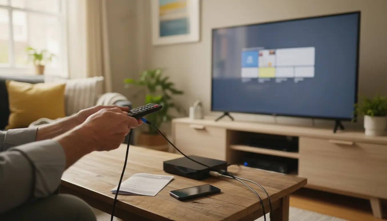 Hænder justerer fjernbetjeningen og tilslutter kabel til et fladskærms-TV i en hyggelig stue.