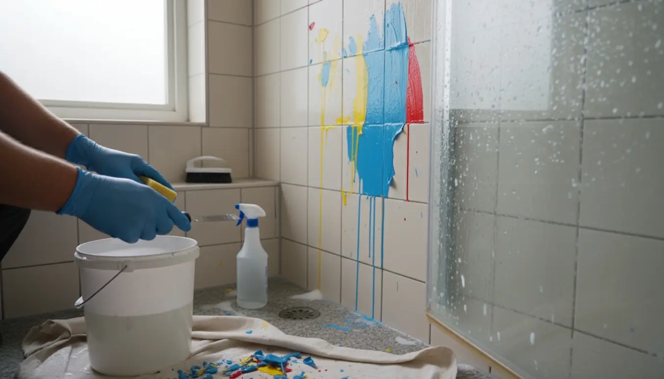 Hænder i gummihandsker skraber og vasker maling væk fra en våd brusekabine.