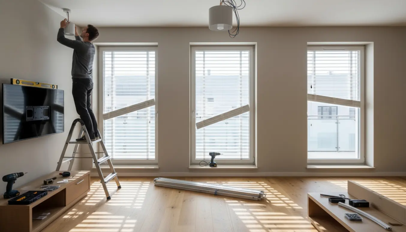 Håndværker monterer loftlampe, sætter persienner op på tre vinduer og monterer TV på væg i moderne stue.