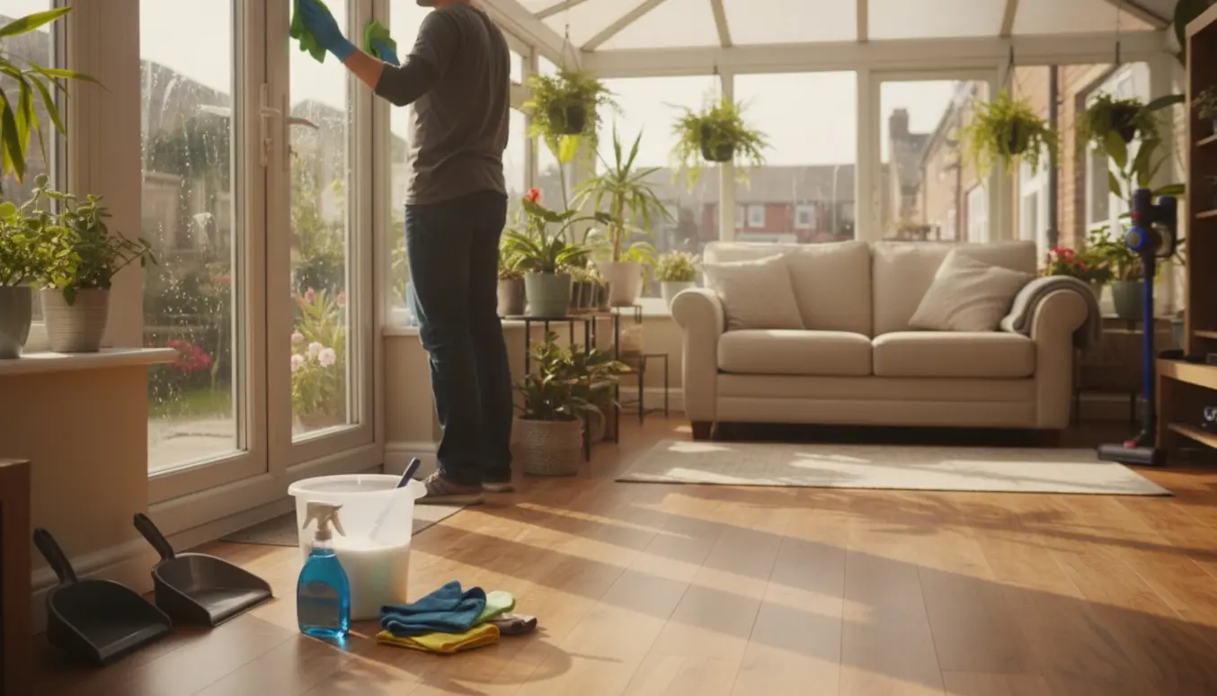 Rengører pudser glasset i en lys udestue i et hyggeligt rækkehus med rengøringsudstyr i forgrunden.