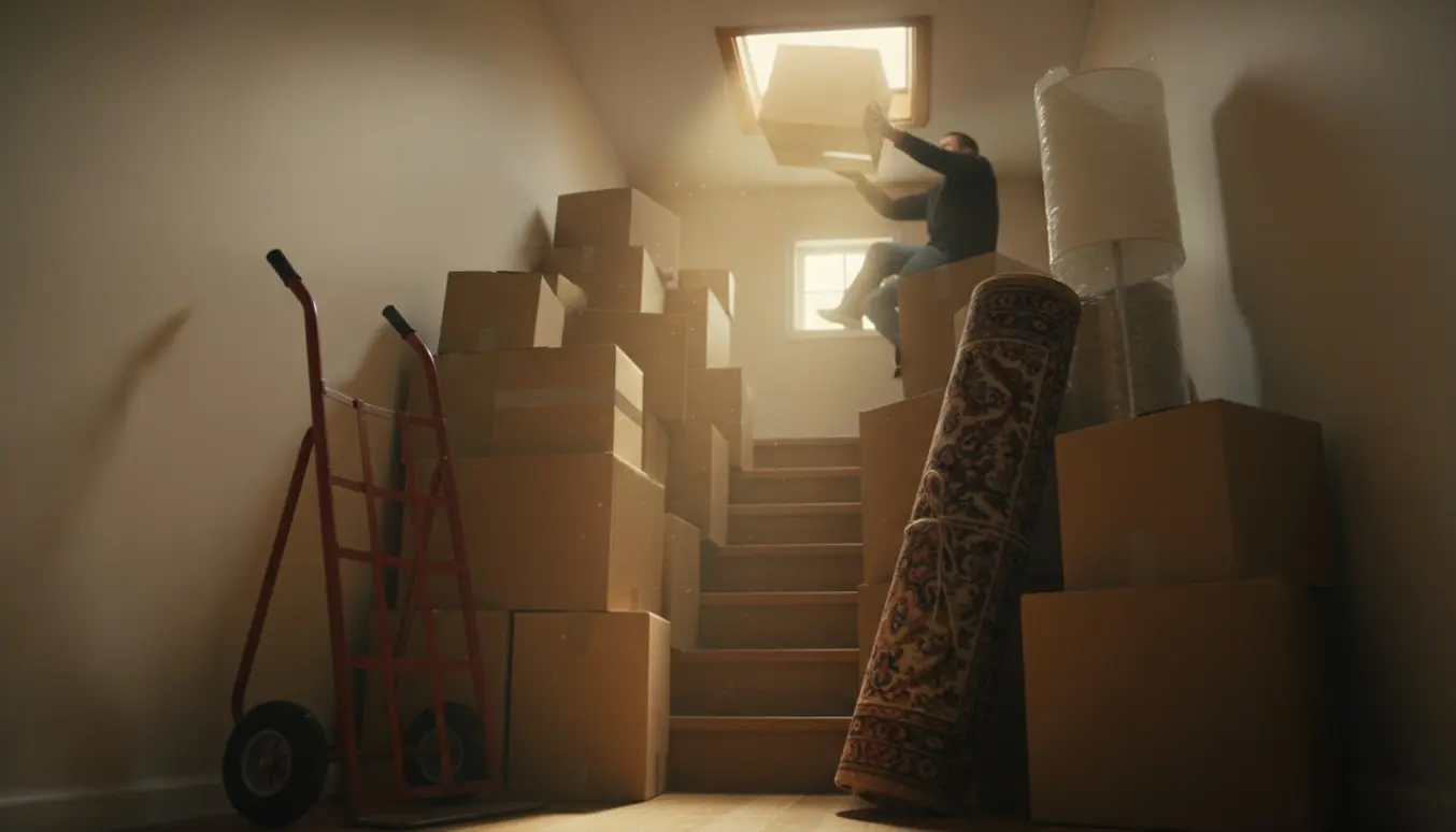 Åbent loftshul med flyttekasser på trappen, hænder der rækker en kasse ned og en sækkevogn på landingen.