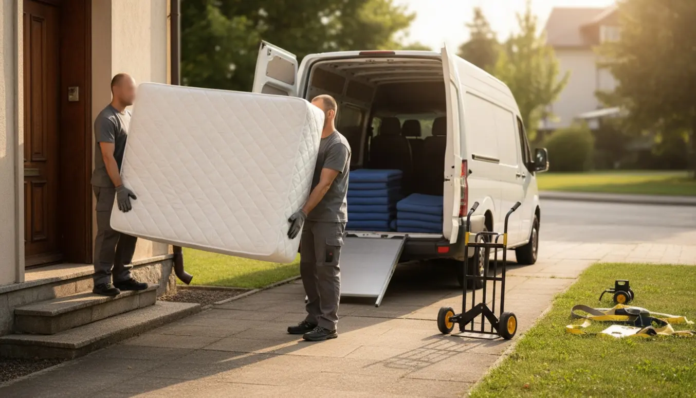 To flyttefolk bærer en 120x200 cm boksmadras ind i en varebil, set bagfra uden synlige ansigter.