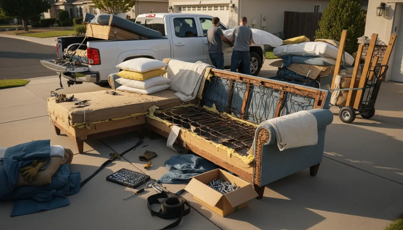 Stor chaiselong-sofa adskilt og pakket til skrot på indkørsel ved en varevogn.