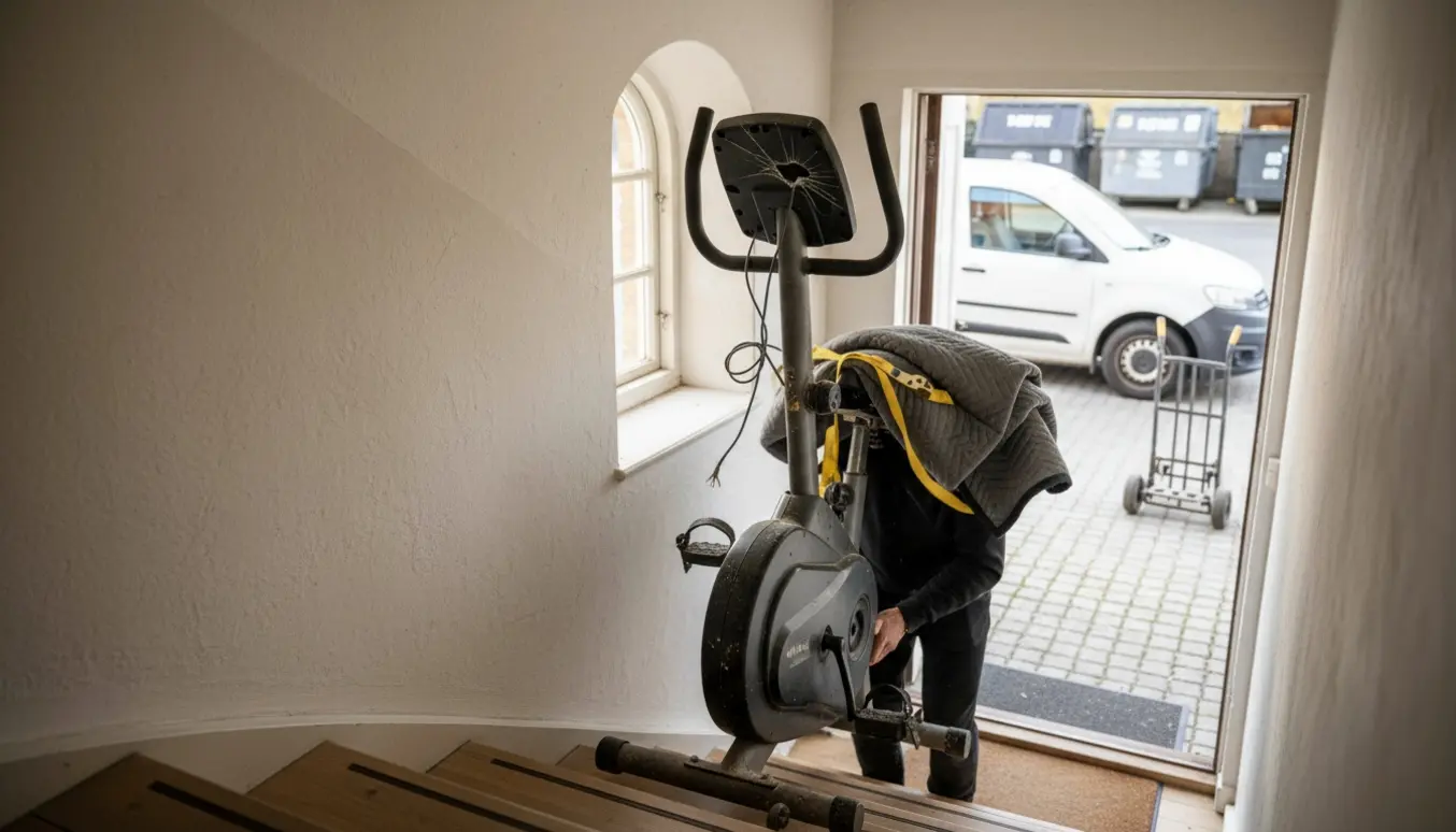 En defekt motionscykel bæres ned ad en trappe og læsses i en varevogn klar til storskrald.