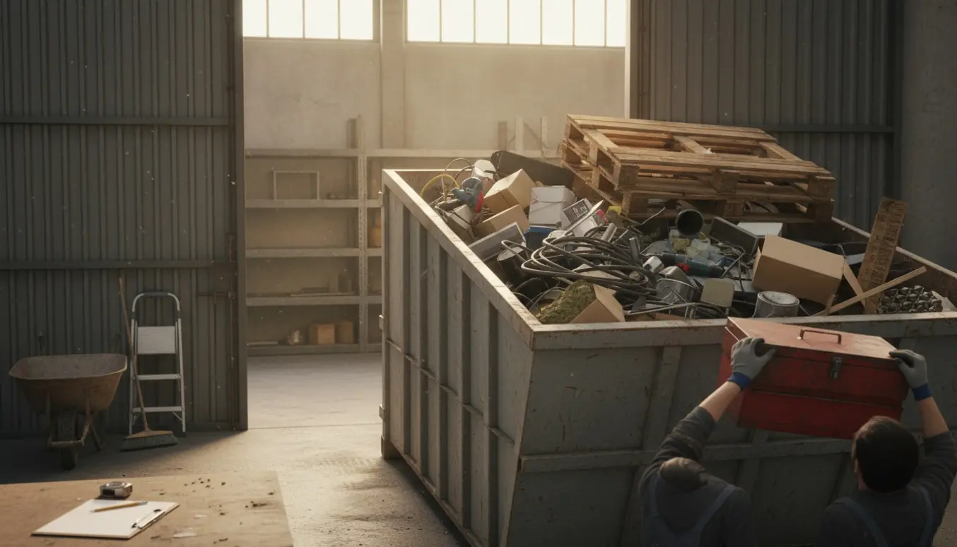 Affaldscontainer ved værkstedsport fyldt med blandet affald, mens arbejdshænder læsser materialer.