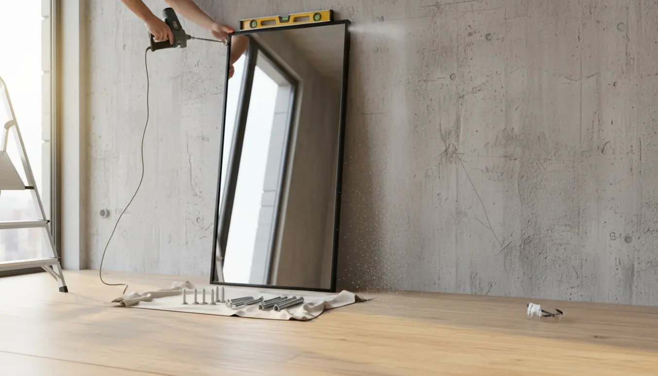 Montering af et stort sortrammet spejl på en rå betonvæg med bore- og monteringsværktøj.