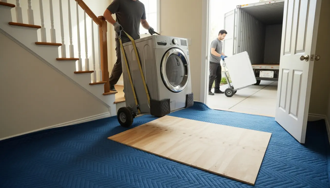 Flytning af en vaskemaskine ned ad trappen og en tørretumbler fra container, med beskyttelse på det nye kældergulv.