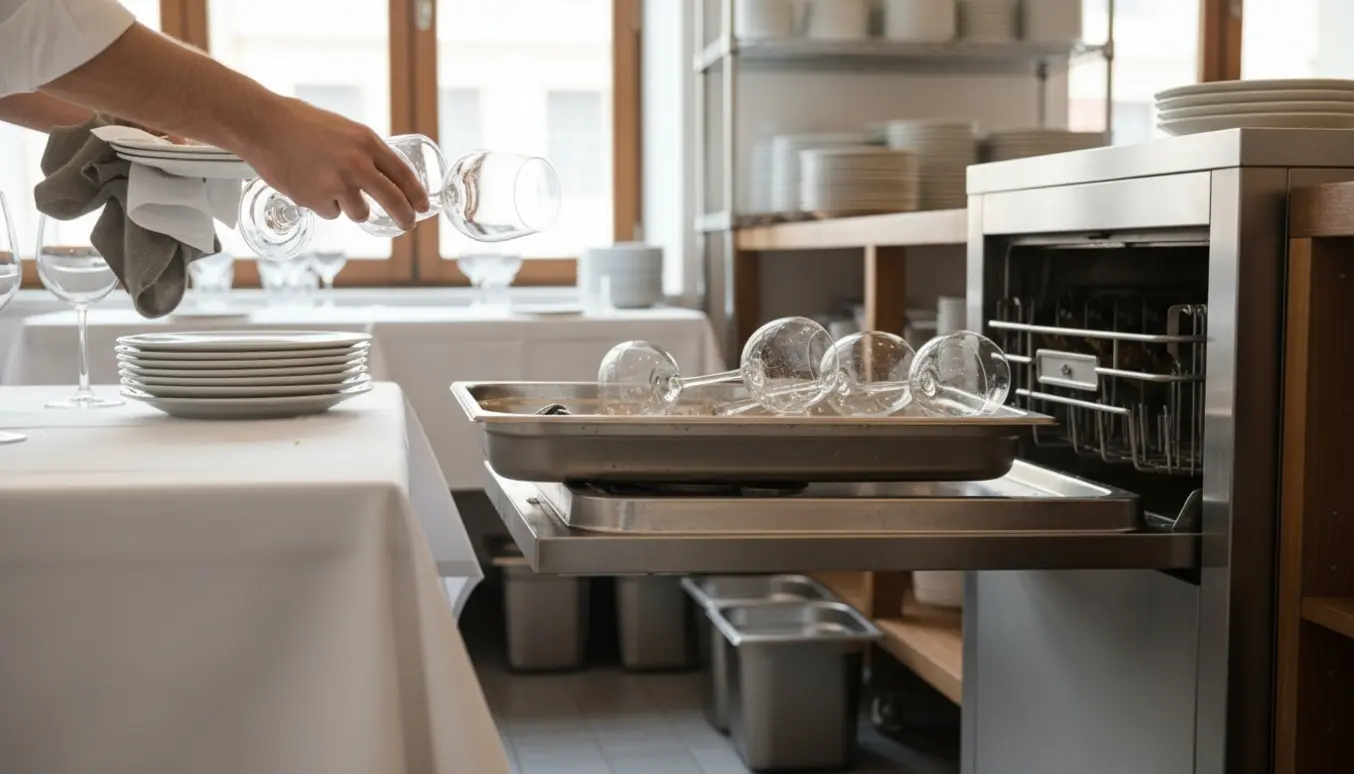 En tjener lægger tallerkener og glas i en åben opvaskemaskine i et lyst restaurantsbaglokale.