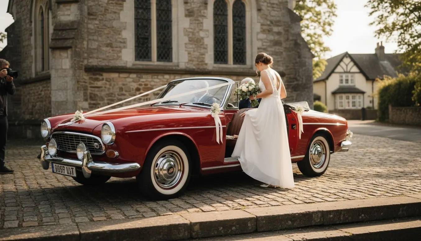 En gammel kabriolet parkeret ved en stenkirke, en konfirmand set bagfra stiger ind med buket, to ældre søskende sidder i bilen.