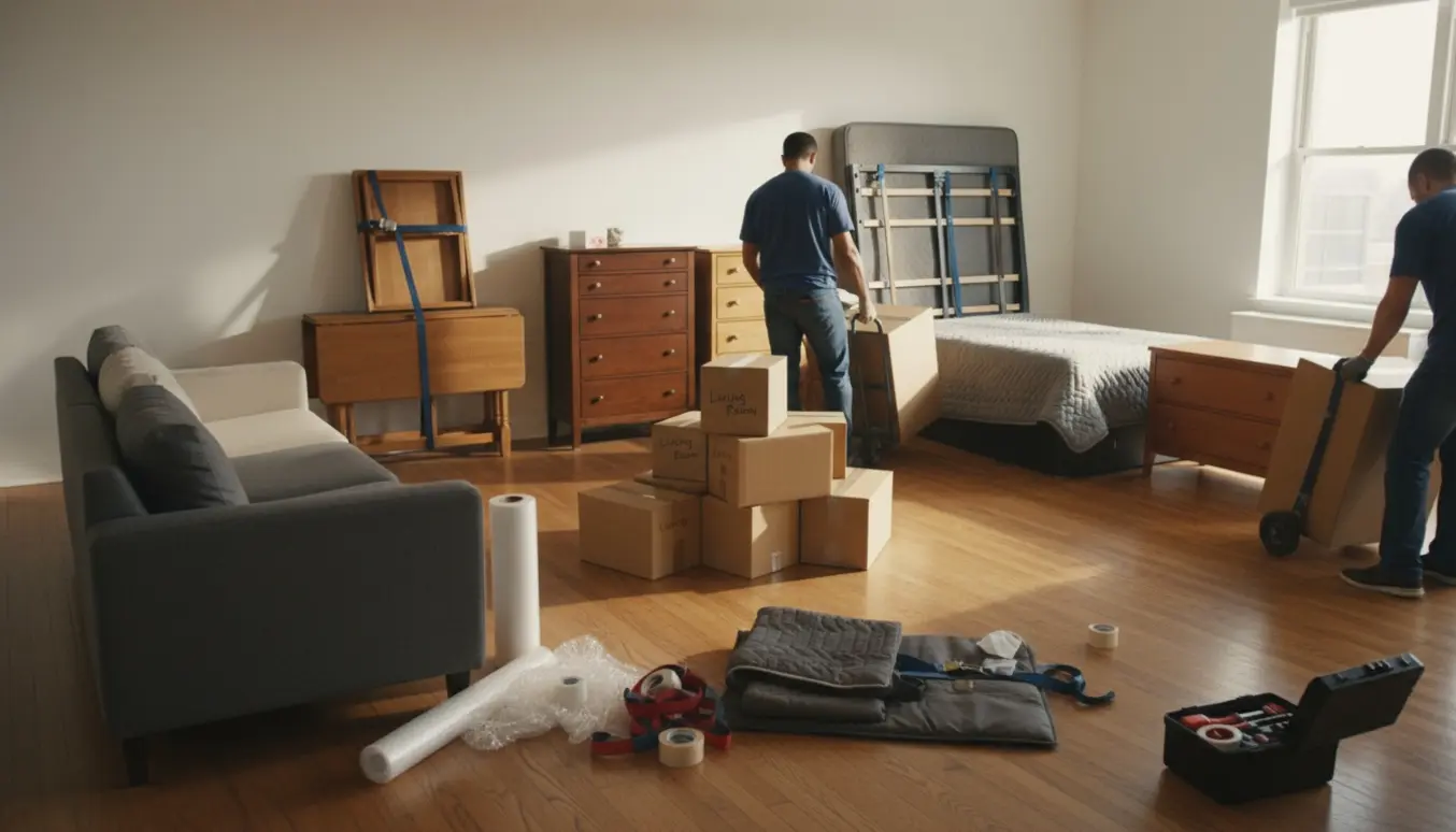 Stue klar til flytning med to sofaer, et sammenklappet spisebord, tre kommoder, en dobbeltseng og flyttekasser.