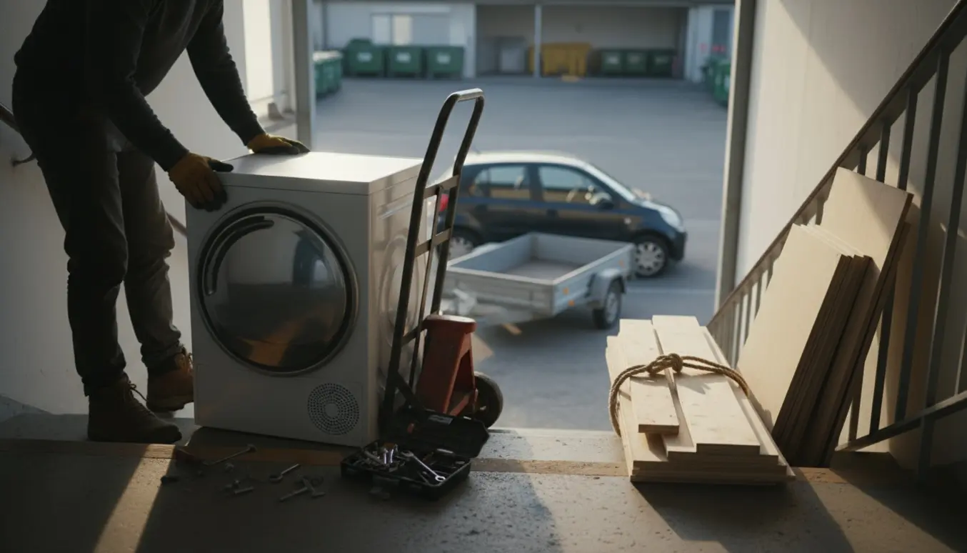 En person fra ryggen trækker en delvist adskilt tørretumbler på en trappe mod en trailer ved en genbrugsplads.