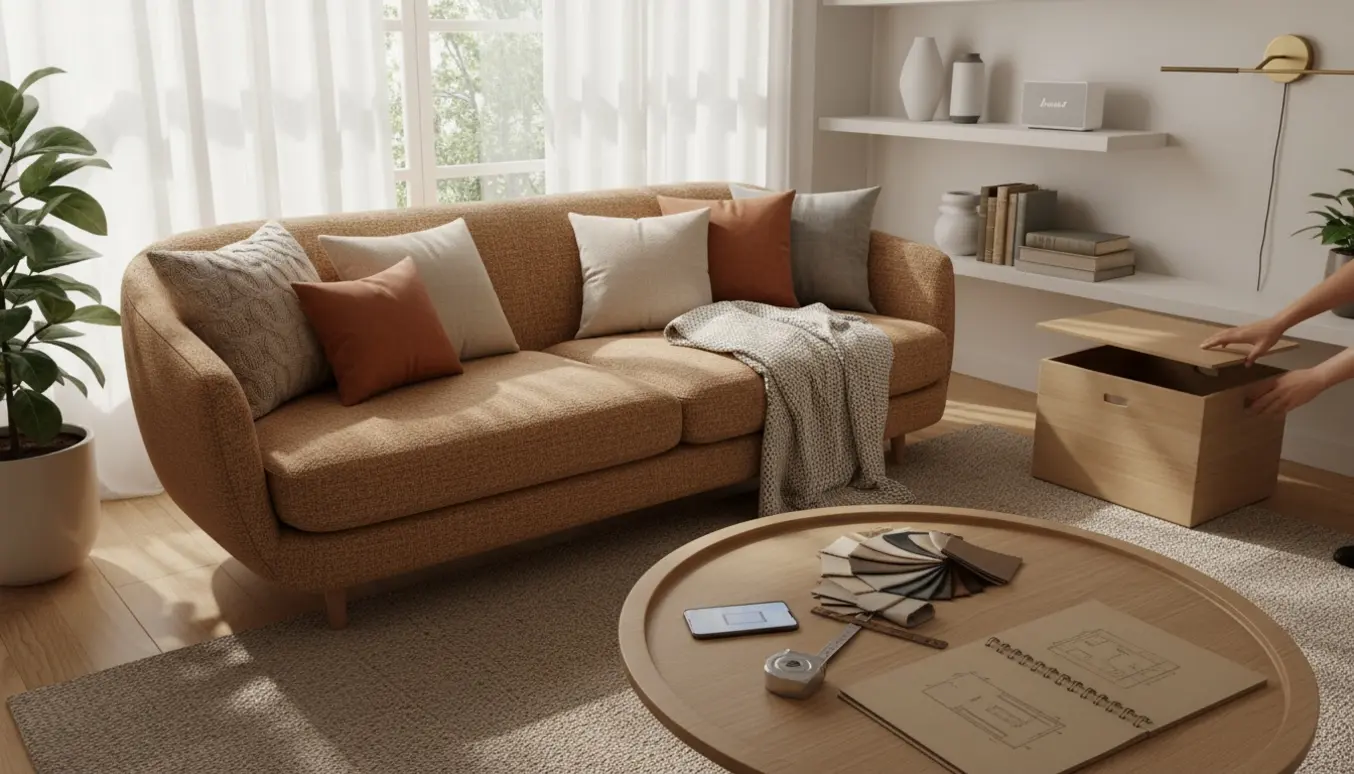 Hænder arrangerer puder og prøver møbler i en lys, moderne stue med stofprøver og målebånd.