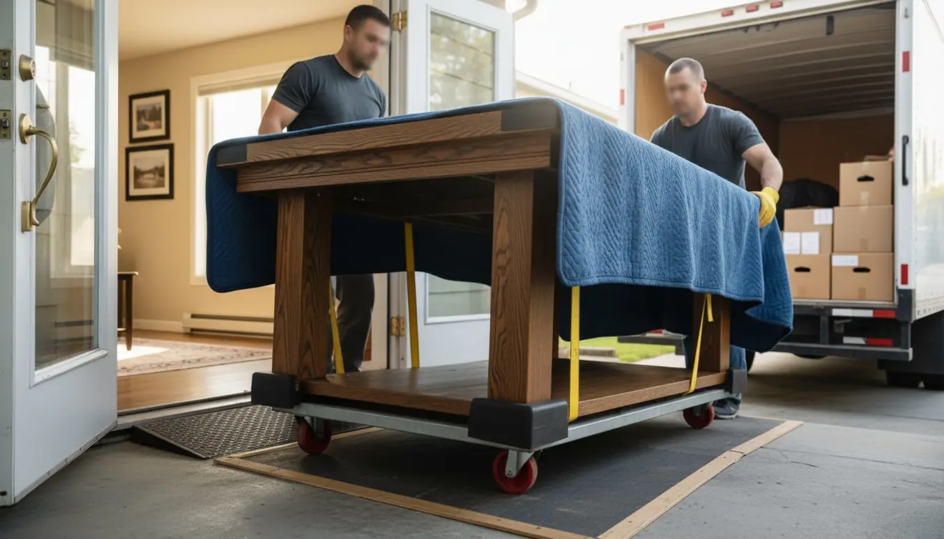 To personer flytter et tungt træspisebord ud gennem en dør og ind i en flyttebil med tæpper og møbelhjul, ansigter ikke tydelige.