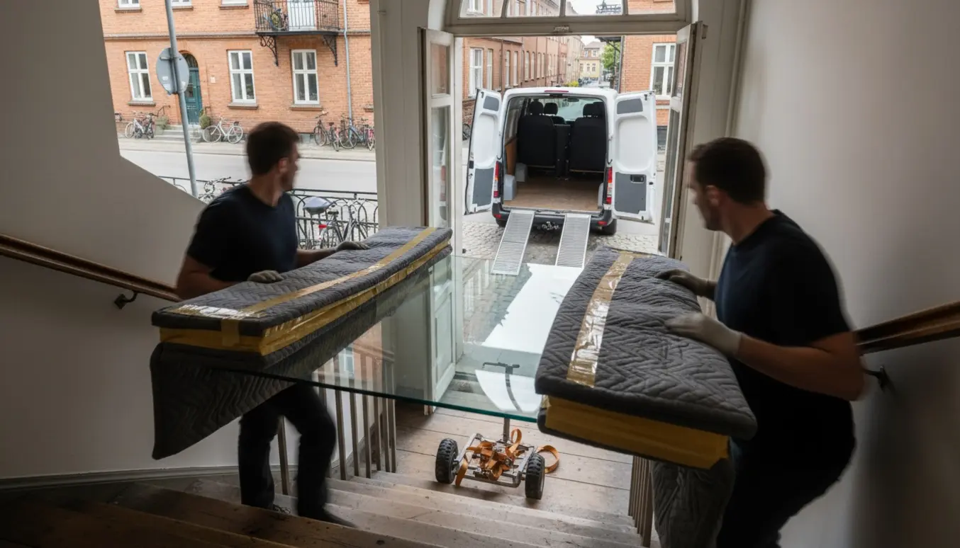 Et indpakket glasbord bæres forsigtigt gennem en opgang mod en varevogn på en stille københavnsk gade.