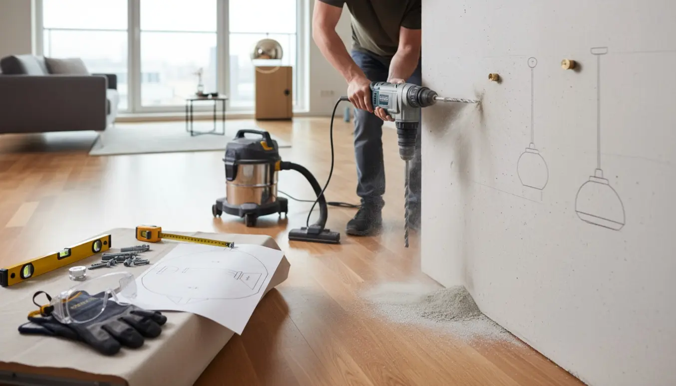 En person bruger en kraftig rotary-hammer til at bore i en hård betonvæg for at montere lampe, spejl og knage.
