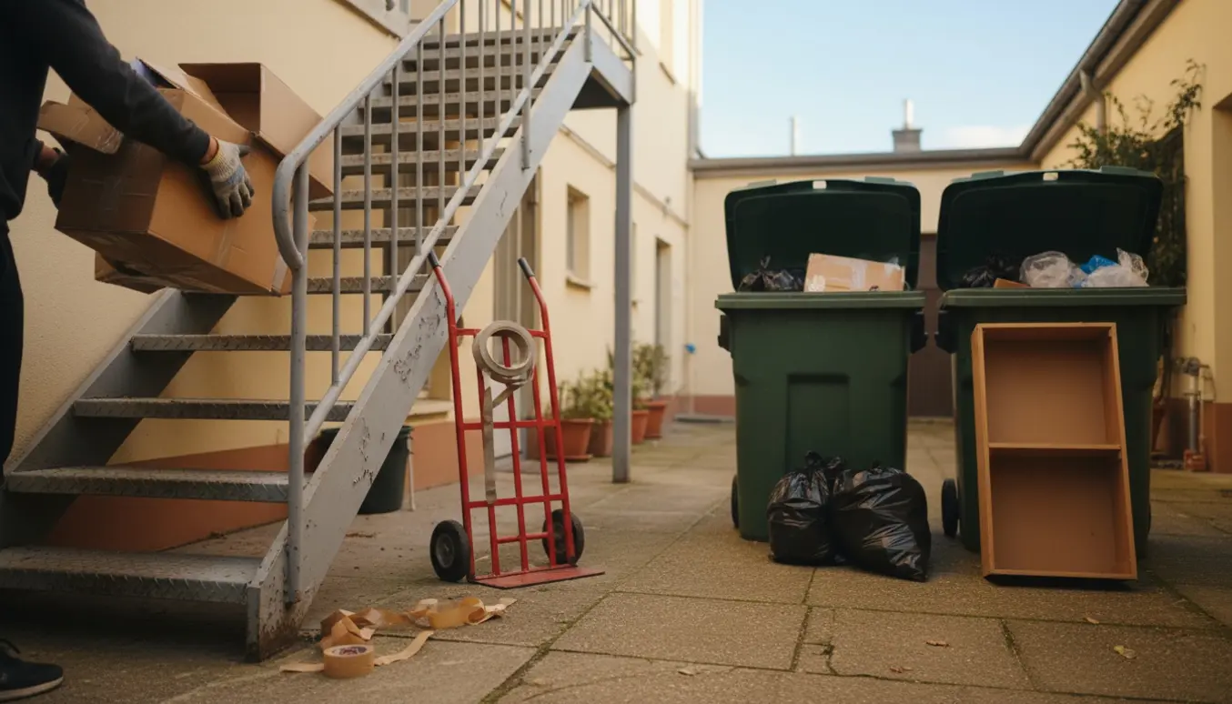 Personer bærer papkasser ned ad trappe til åbne affaldscontainere i gården.