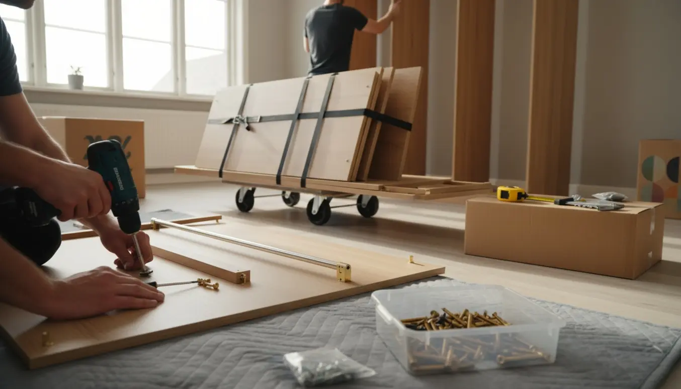 Hænder skruer et garderobepanel af og transporterer dele på en dolly i en lys lejlighed.