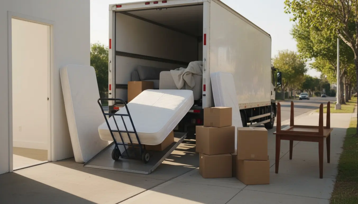 Tæpperindpakkede madrasser, sofa, spisebord og stabler af flyttekasser ved en åben flyttebil under en flytning.