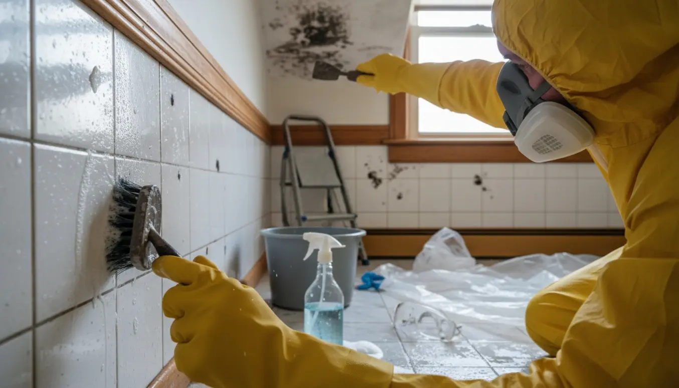 Handskerede hænder skrubber skimmelsvamp fra fliseklinker med børste og spray, mens andre angrebne steder ses i baggrunden.
