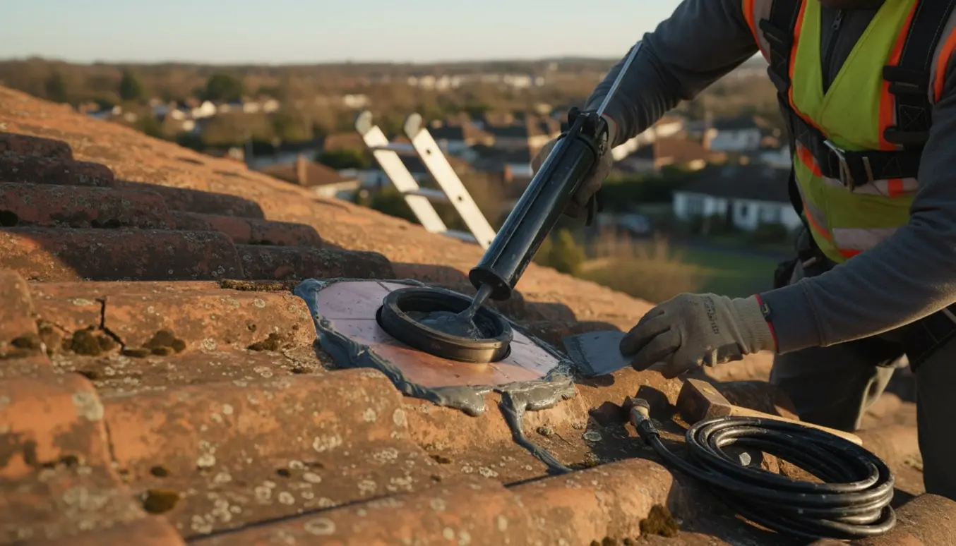 Hænder tæt på, der tætn­er et ventilationshul i et tegltag med en fugepistol.