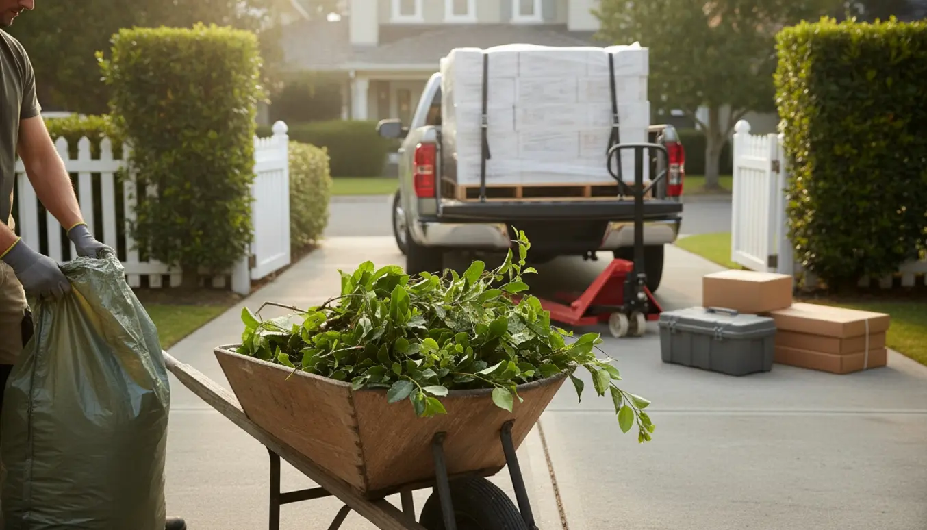 Hænder læsser hækaffald i trailer ved indkørsel med gipspaller stablet ved siden af.