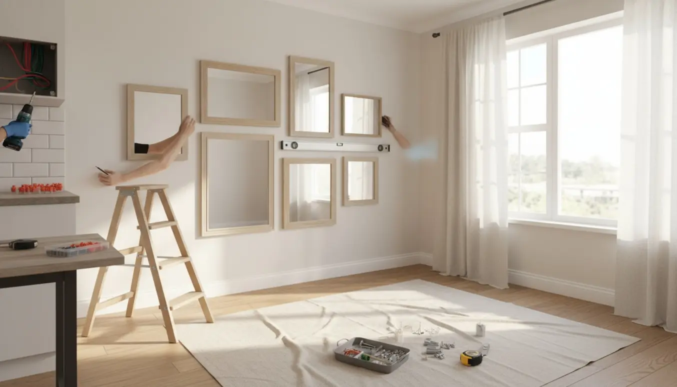 Hænder monterer seks spejle og en gardinstang på en stor væg med værktøj og en åben el-boks til emhætte i nærheden.