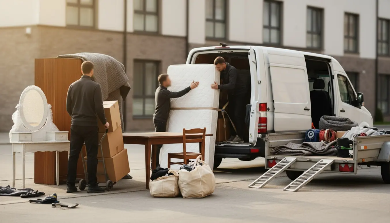 Tre hjælpere læsser flyttekasser og møbler i en varevogn med trailer foran en bolig, ansigter ikke synlige.