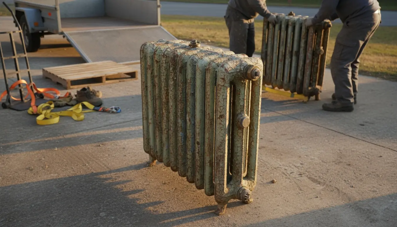 To meget tunge støbejerns-radiatorer på indkørsel ved en trailer og flytteudstyr, klar til bortskaffelse.