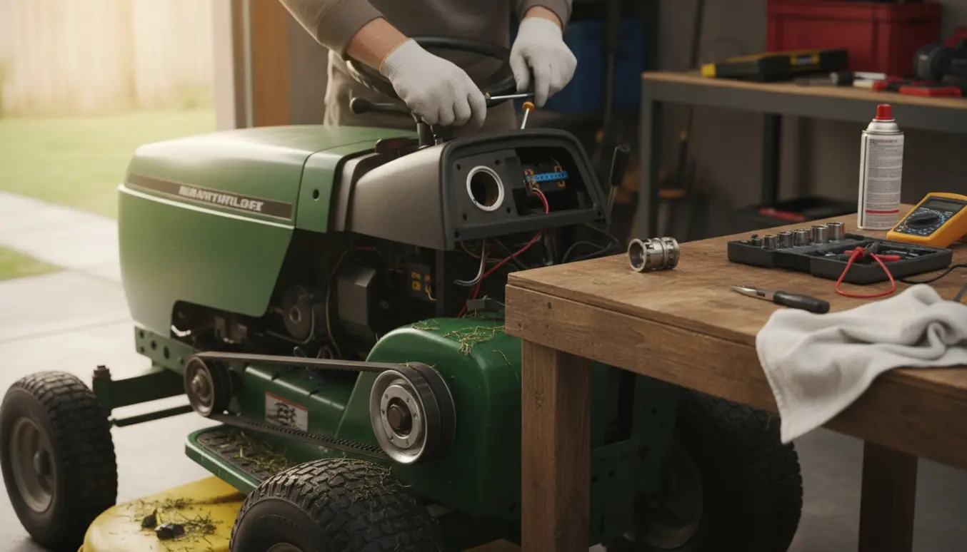 Havetraktor med tændingslås demonteret og det dobbelte remtræk synligt i en garage.