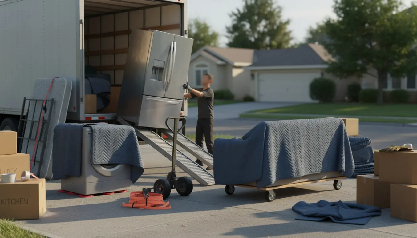Indpakkede sofa, seng og hvidevarer læsses i en flyttebil på en solrig dag, flyttemænds ansigter er ude af billedet.