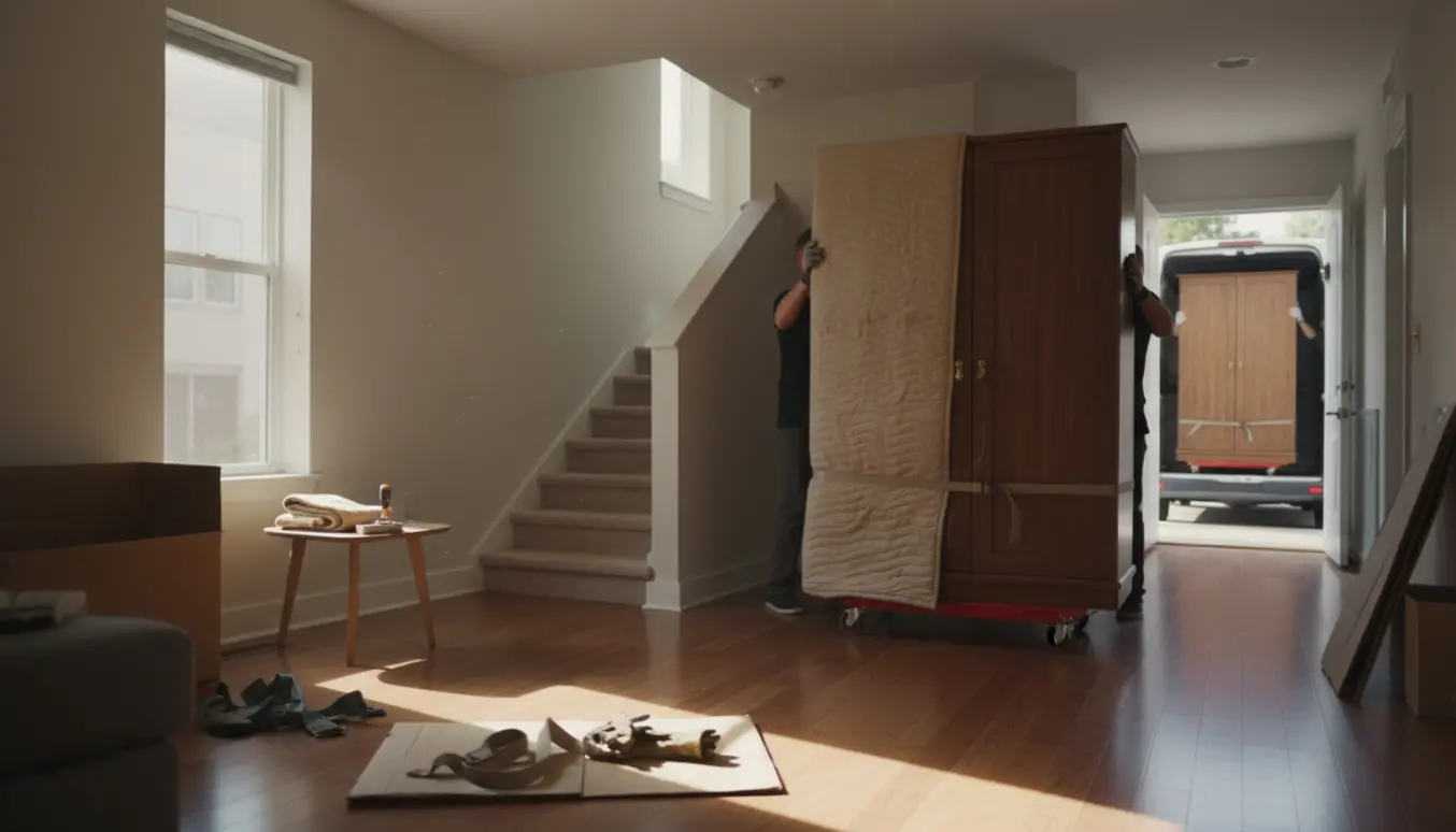 To store skabe bæres ud af en lejlighed og læsses i en udekørende varebil under fraflytning.