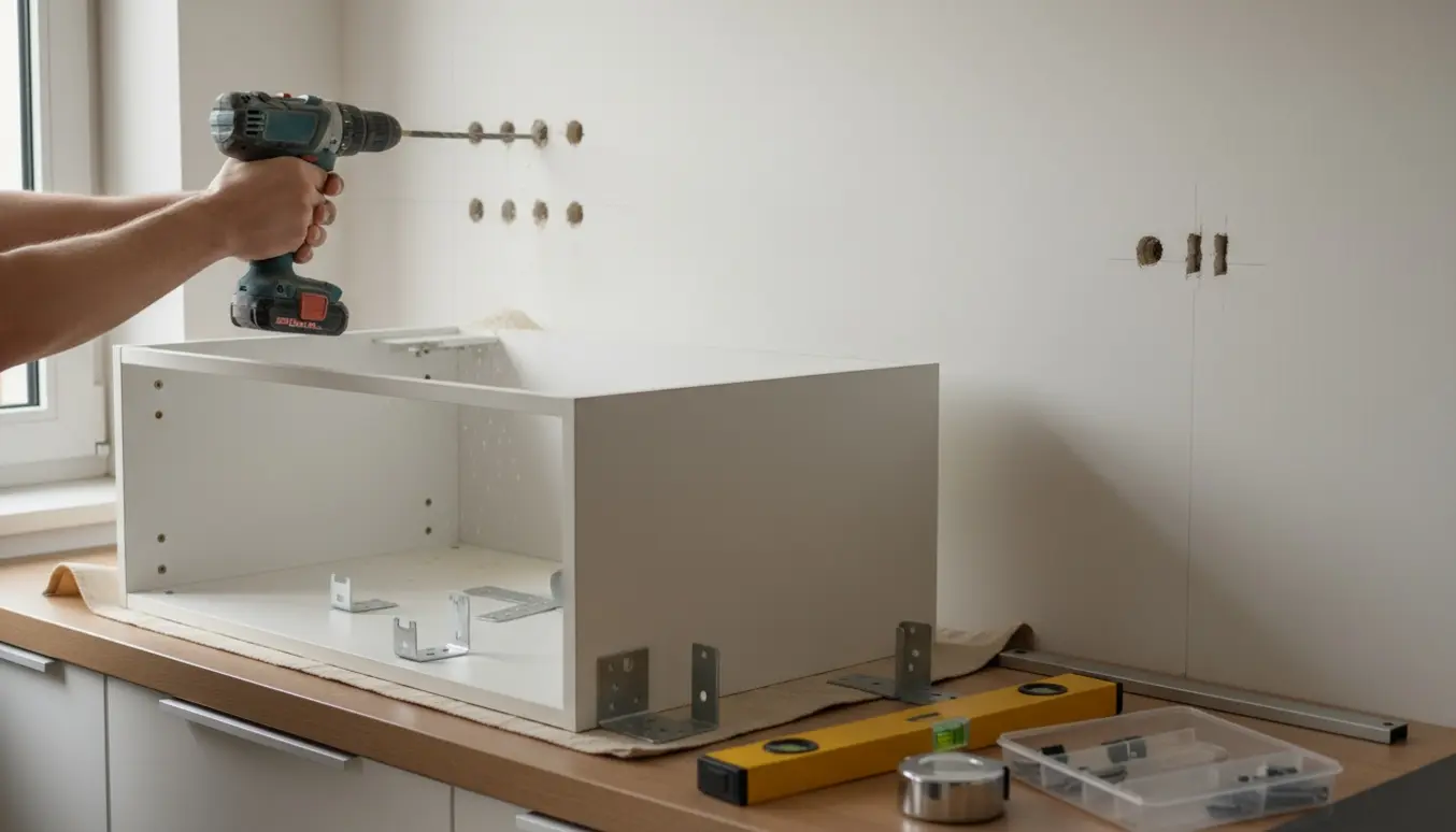 Hænder, der borer huller i en køkkenvæg til montering af skabe med beslag, vaterpas og målebånd ved siden af.