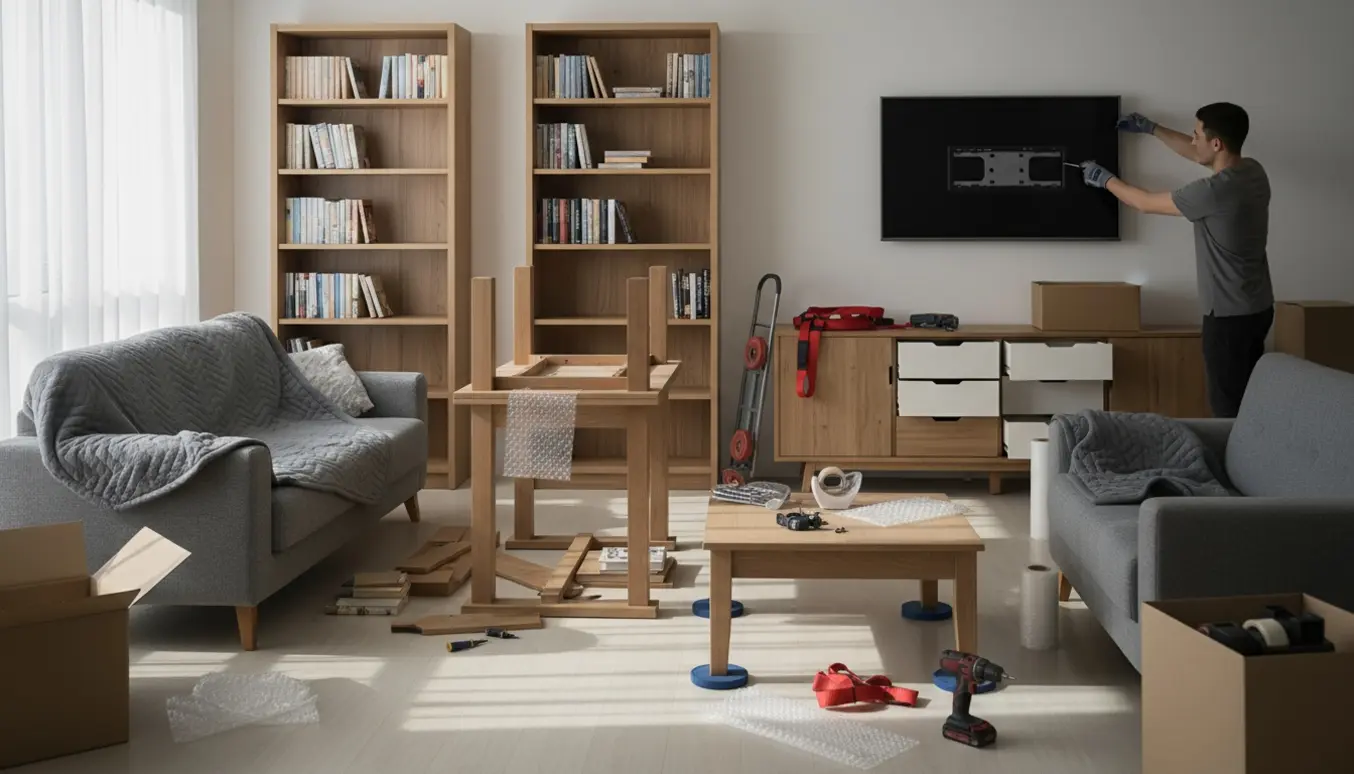 Flytning af møbler i en stue med reoler, hjørnesofa, spisebord og fjernsyn, hvor værktøj og pakkematerialer ligger klar.