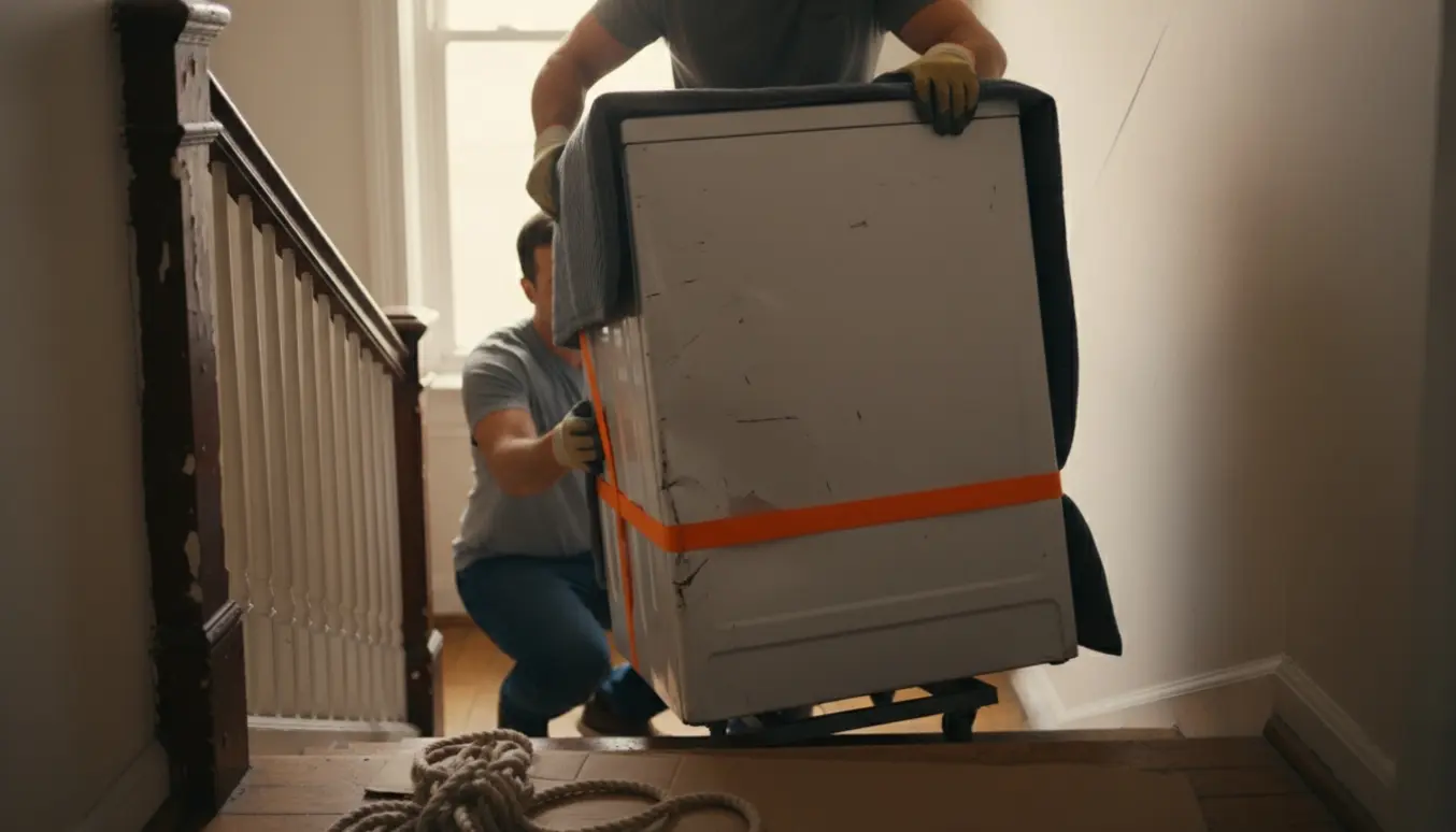 To personer bærer en tung vaskemaskine ned ad en smal trappe med flytteudstyr og beskyttelsespled.