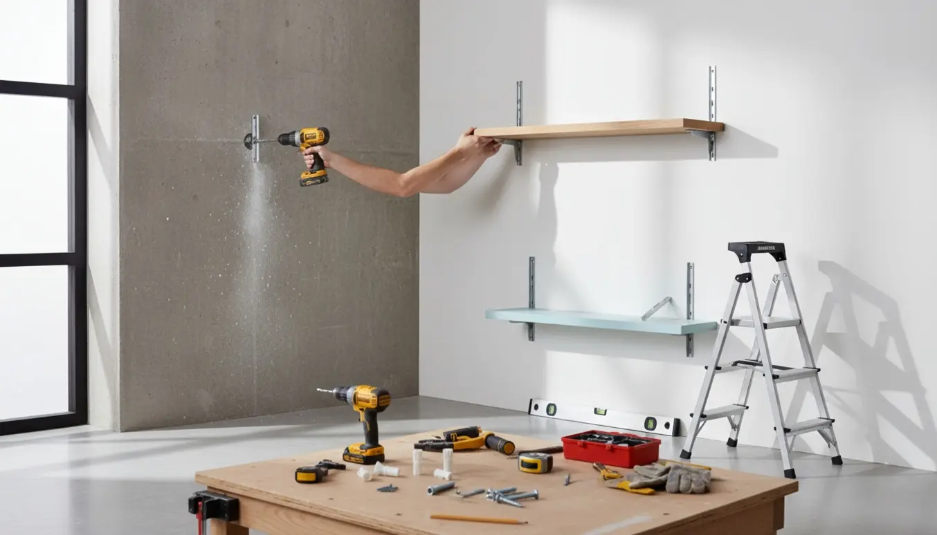 Hænder monterer tre forskellige hylder på hvid gibsvæg og rå betonvæg med bor, plugs og vaterpas.