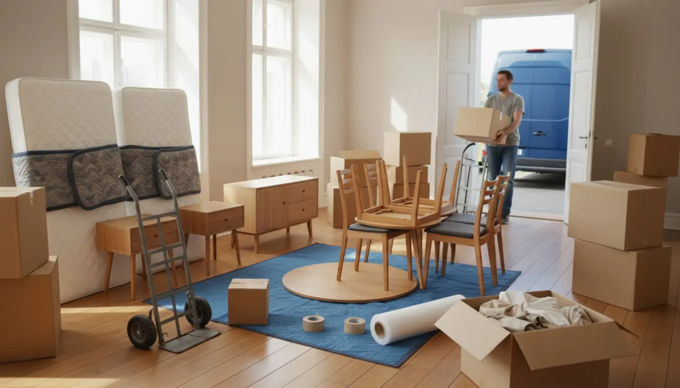 Lys stue med møbler og cirka ti flyttekasser klar til flytning, to senge, sengeborde og spisebord med stole.