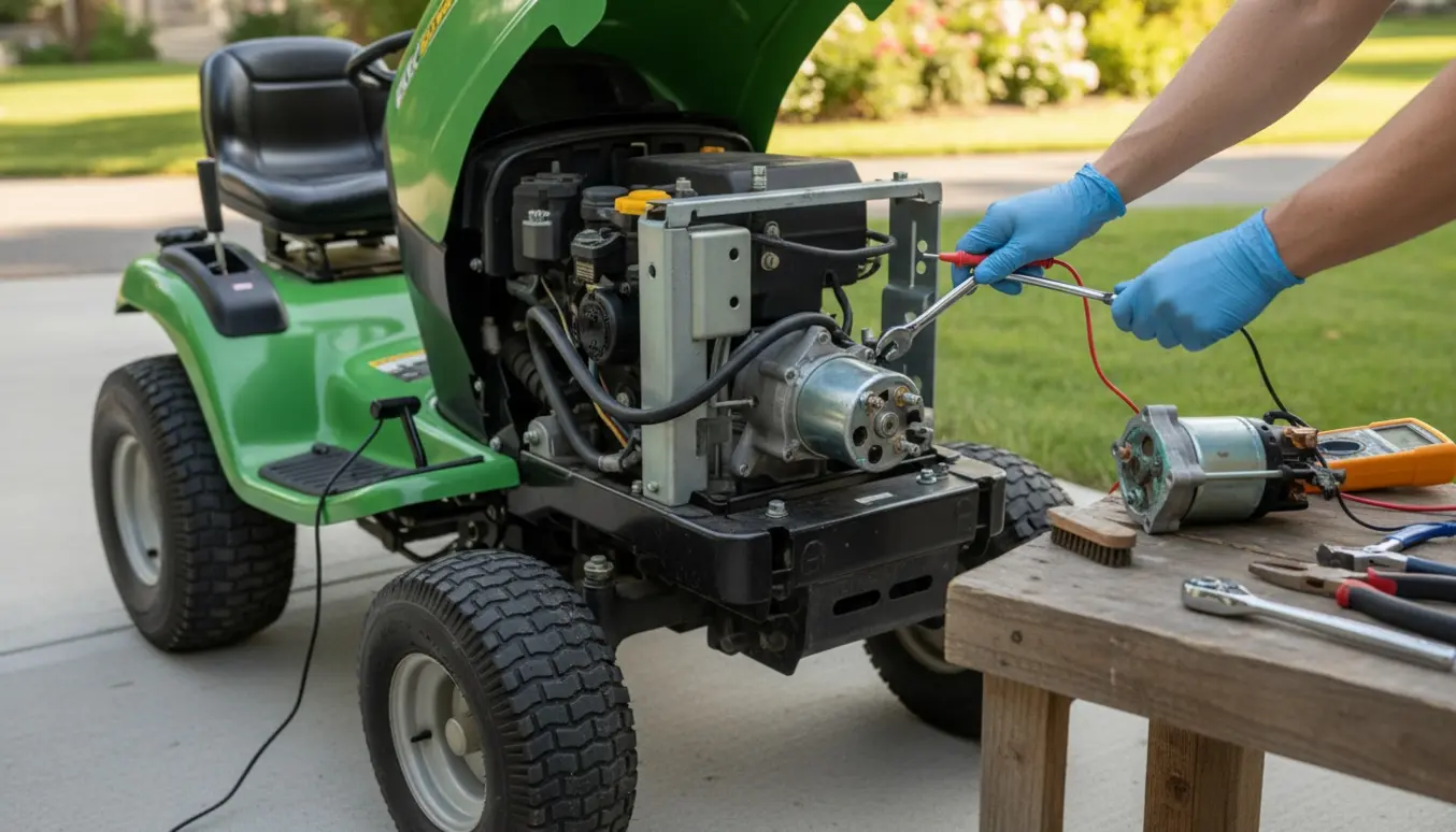 Nærbillede af en havetraktor med åben motor, hvor handskerede hænder tester starteren med værktøj.