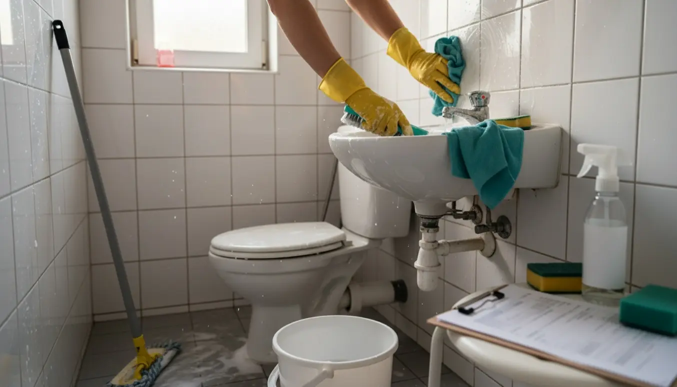 Lille snavset badeværelse under rengøring med handsker, børste og spand.