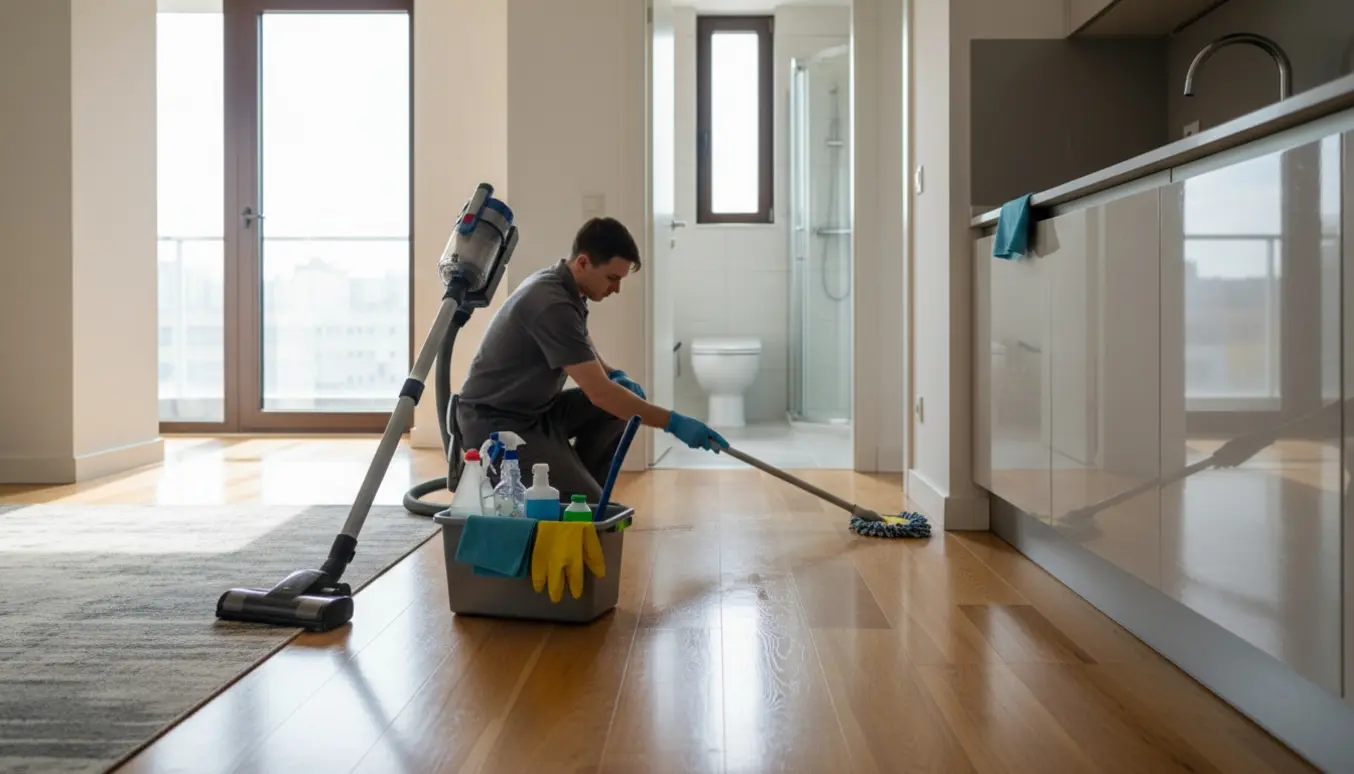 Erfaren rengøringsperson mopper gulv og pudser overflader i en lys, moderne lejlighed.