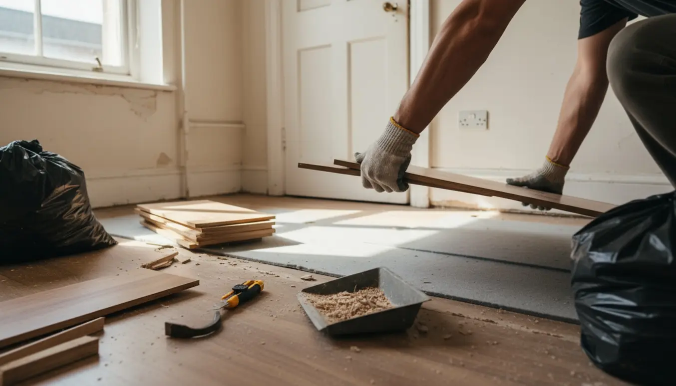 Delvist fjernet gammelt laminatgulv med stablede planker og poser klar til storskrald i et lyst rum.