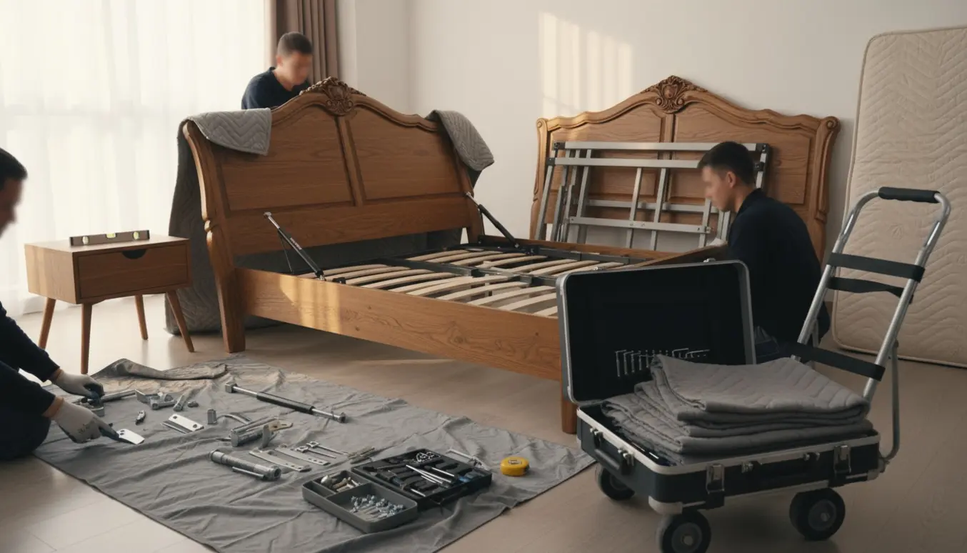 Teknikere afmonterer og samler en specialt seng i et lyst soveværelse med værktøj og beskyttelsesudstyr.