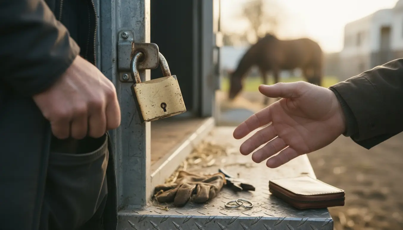 Tæt foto af en hængelås på en hestetrailer med en tom nøglering og hænder, der undersøger låsen.