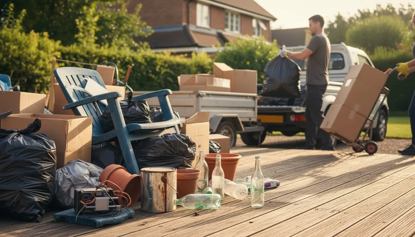 Blandet affald på en træterrasse læsses i en pickup, mens arbejdshænder i handsker rydder op.