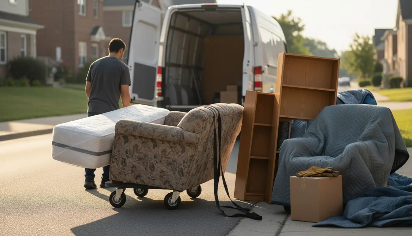 To hjælpere læsser store møbler på en varevogn ved fortovet med flytteudstyr omkring dem.