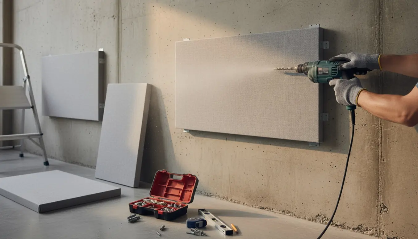 Hænder monterer akustikpaneler på en betonvæg med en betonslagboremaskine.