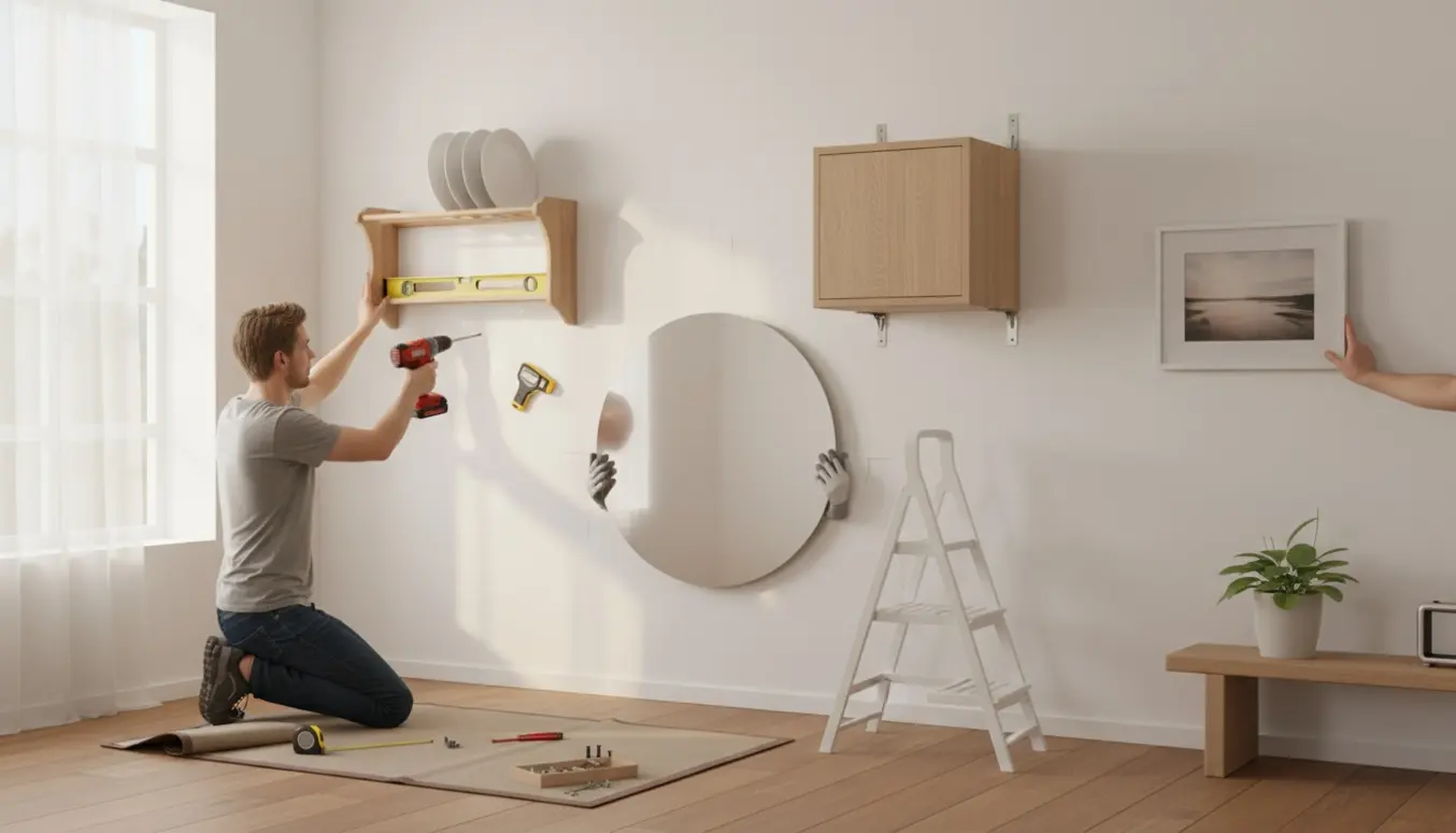 En person hænger en tallerkenrække, et skab, et spejl og et billede op på en lys væg med værktøj og materialer.