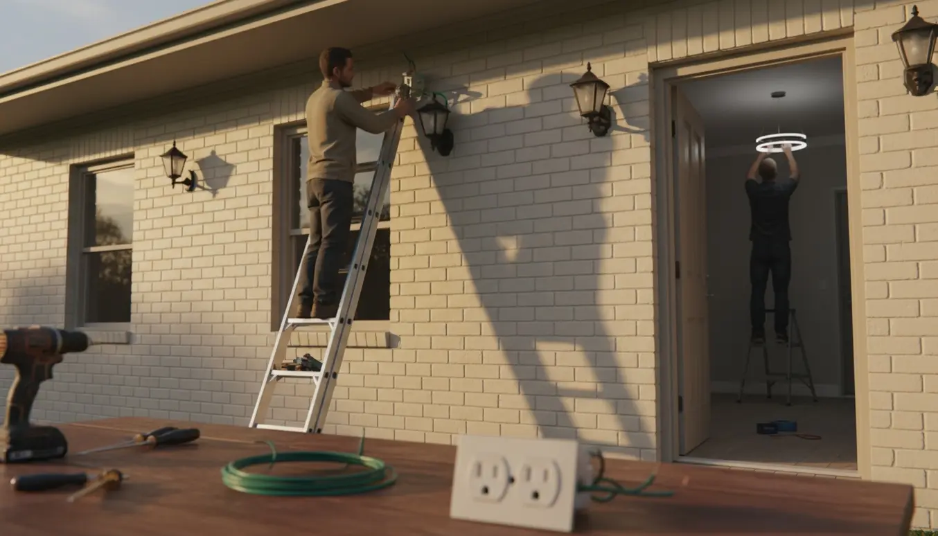 Elektriker skifter en udendørslampe på en stige med værktøj og et dobbeltstik på en bænk, mens en loftslampe monteres inde.