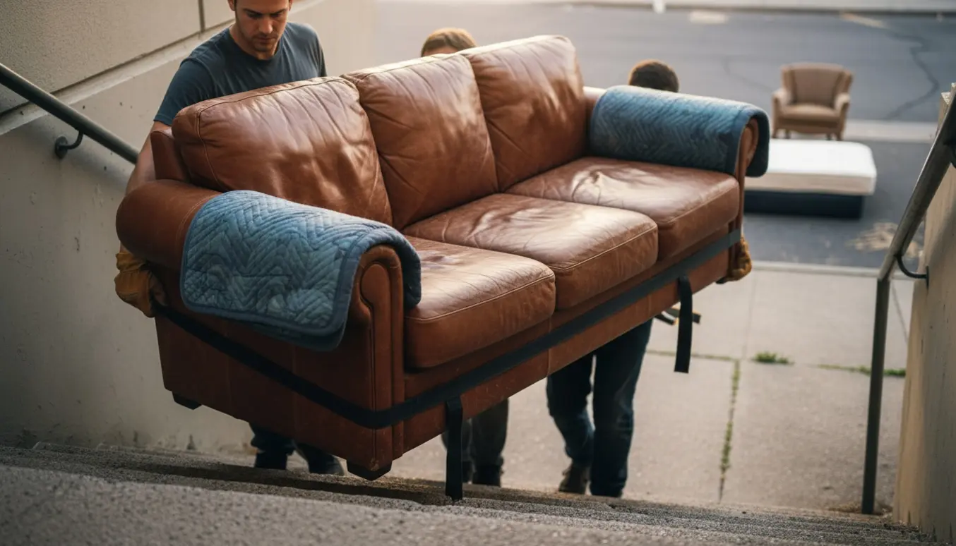 Tre personer bærer en lædersofa ned ad opgangens trapper mod en storskraldsplads på gaden.