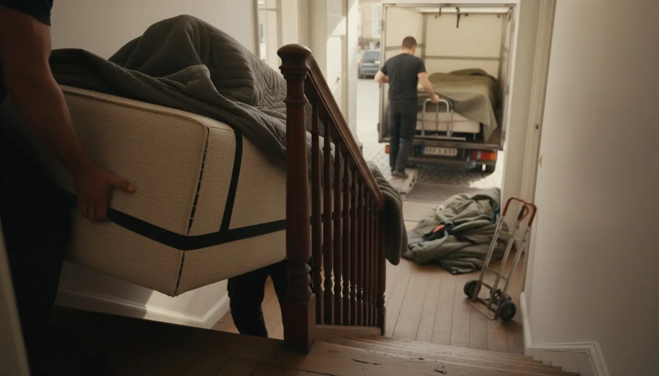Flyttefolk bærer modulsofa op ad trappe, mens en stor chaiselong læsses i en flyttevogn.
